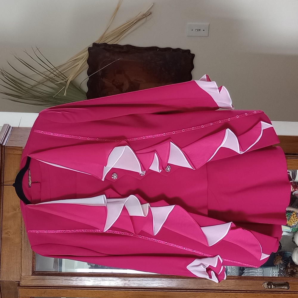 3 Pc Beautiful Bright Pink/White  ruffle Spring/ Easter blazer skirt set! Fun